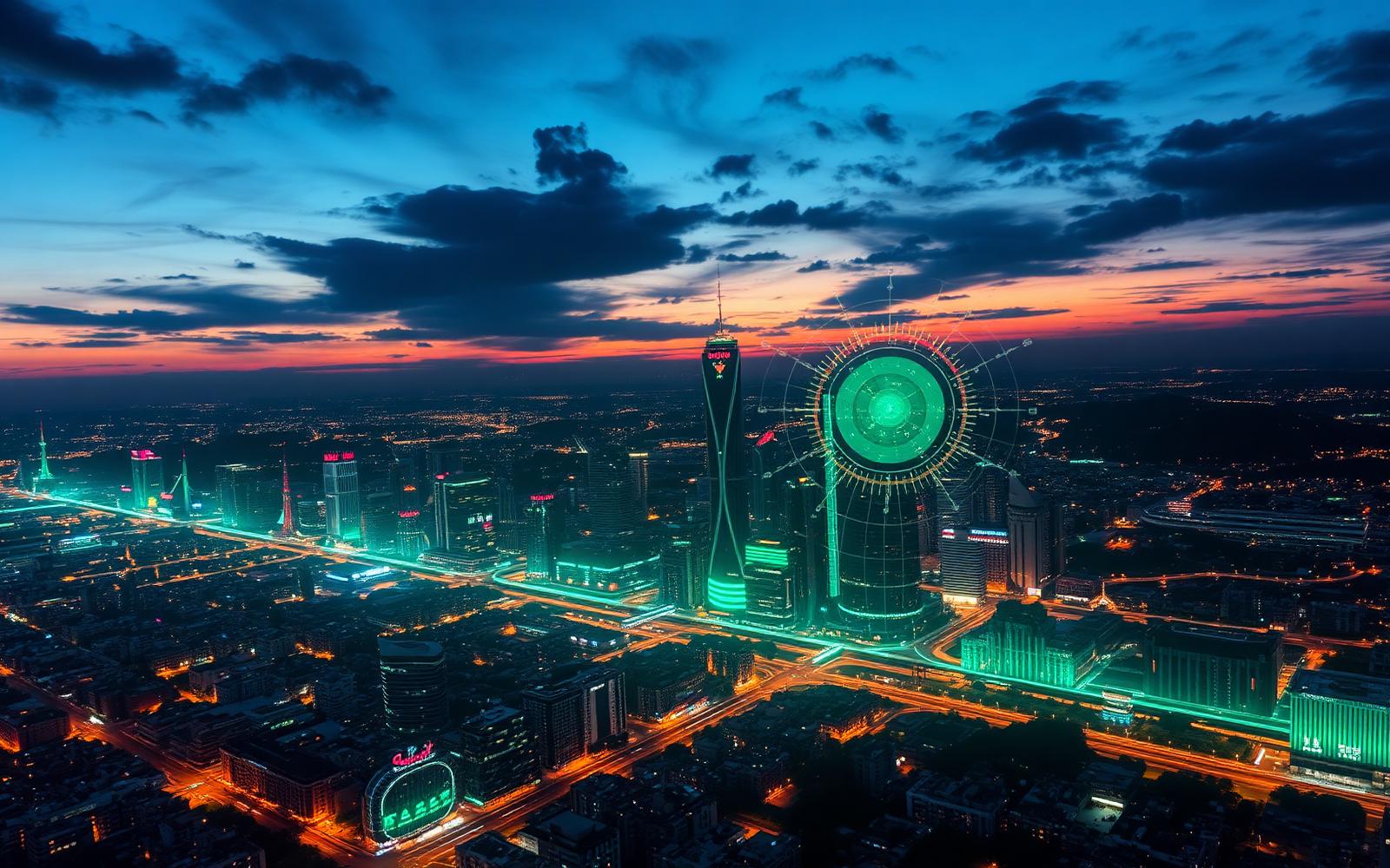 Aerial view of a smart African city with live climate data overlays